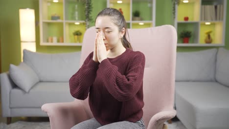 Christian-Asian-Young-Woman-Praying,-Worshiping-At-Home.